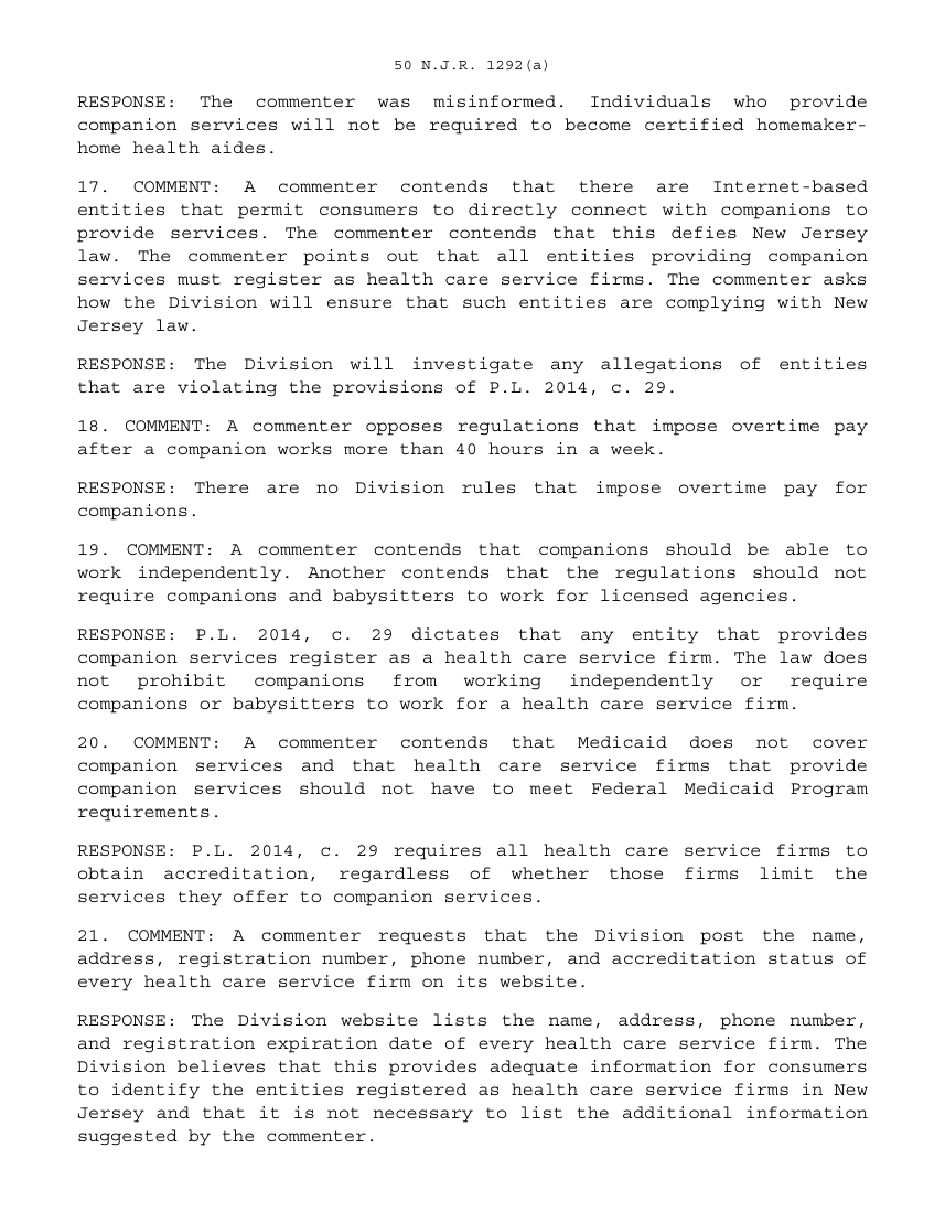 DCA responses about independent companions and Internet referral entities